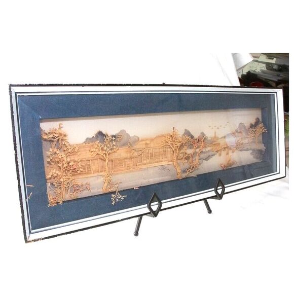 Rare Vgt Oversize Chinese Cork Carving Art Wall Hanging in Shadow Box Frame 25" - Picture 7 of 10